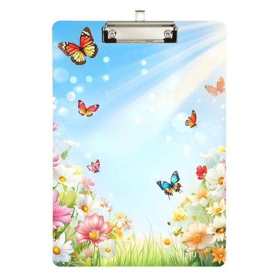 Flowers Butterfly Sunshine Spring Acrylic Clipboard Drawing Board with Hook Writing Pad File Storage A4 Size Silver 12.5" x 9"