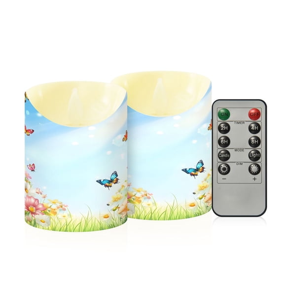 Flowers Butterfly Sunshine Spring Flickering Flameless Candles with Remote Timer Battery Operated LED Tealight Set of 2 S