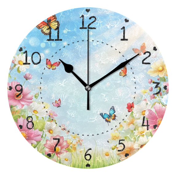 Flowers Butterfly Sunshine Spring Round Wall Clock Silent Analog Battery Operated Black Pointer Home Decor 9.84" Diameter