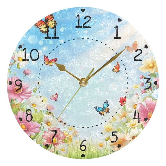 Flowers Butterfly Sunshine Spring Round Wall Clock Silent Analog Battery Operated Gold Pointer Home Decor 9.84" Diameter