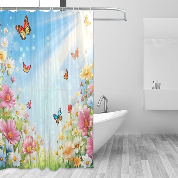 Flowers Butterfly Sunshine Spring Shower Curtains with 12 Hooks Waterproof Bathroom Decor 66" x 72"