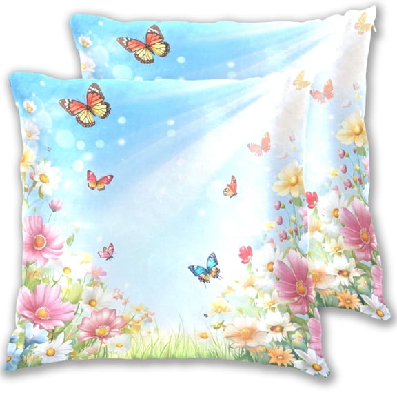 Flowers Butterfly Sunshine Spring Throw Pillow Covers Pillowcases 20 x 20 Inch Home Decor 2 Packs for Bedroom Sofa