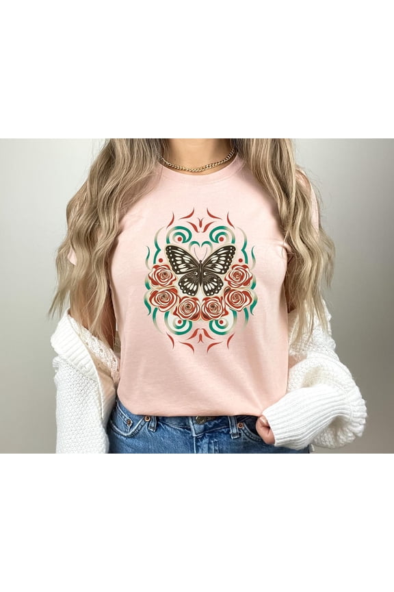 Flowers Butterfly T-Shirt, Bouquet Sublimation Tee, Cottagecore Botanical Floral Tee , Unique Graphic Tee Nature Lover All Size S-5XL