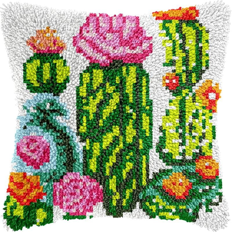 Flowers of Cactus Latch Hook Pillow Kits Cushion Pillowcase with Pattern Printed Canvas Sofa Hooking Pillows Crafts Embroidery Latch Hooking Crochet Kits 17x17 inch(20)