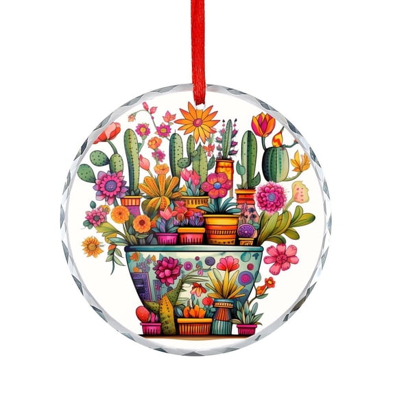 Flowers Cactuses And Pots Glass Ornament Tropical Plants Cactus Flowers Succulent Round Ornament Gift Exchange Present Ideas