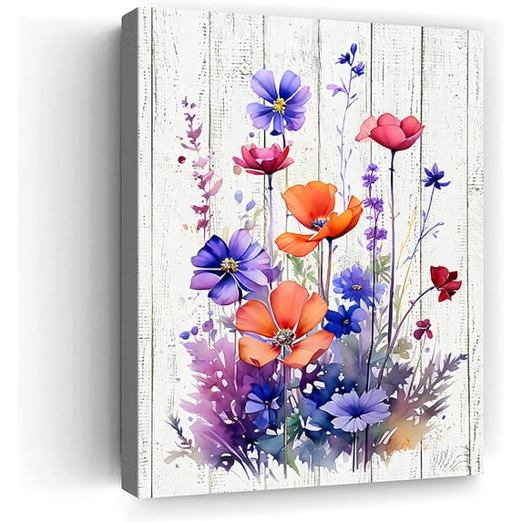 Flowers Canvas Prints Wall Art Decor Watercolor Modern Artwork Yellow Blue Red Wildflower Pictures Panels Wood Grain Framed Floral Paintings For Bathroom Living Room Bedroom Office Kitchen 12x16 Inch