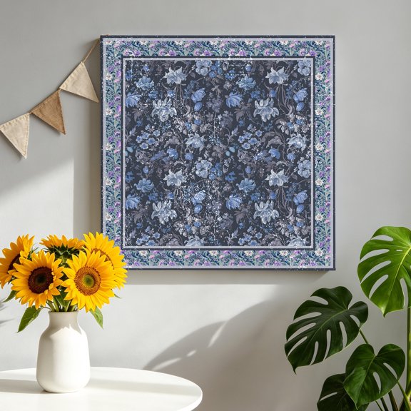 Flowers Canvas Wall Art, Ethnic Abstract Blue Purple Floral Retro Leaf Border Framed Canvas Wall Decor Picture Print Artwork Decorations for Living Room Office Ready to Hang 8" x 8"
