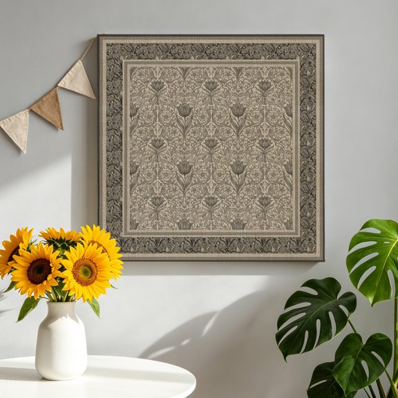 Flowers Canvas Wall Art, Ethnic Abstract Grey Brown Floral Leaf Retro Border Framed Canvas Wall Decor Picture Print Artwork Decorations for Living Room Office Ready to Hang 8" x 8"