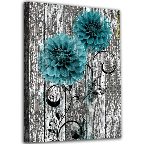 Flowers Canvas Wall Art Floral Canvas Pictures Plants Wall Decor Green Dahlia Flower Artwork Retro Grey Wooden Board Canvas Print Living Room Bedroom Kitchen Home Decor Framed 12" x 16"