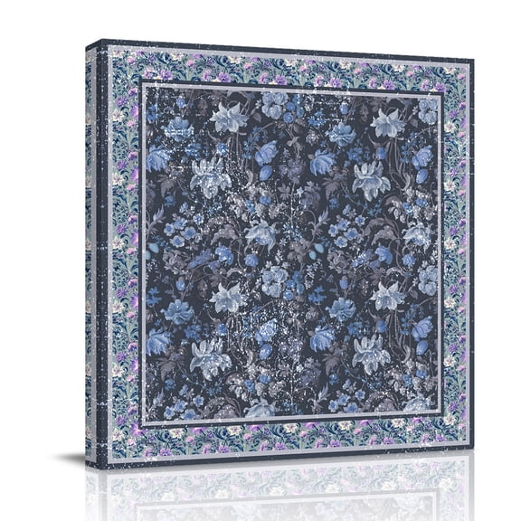 Flowers Canvas Wall Art for Living Room, Ethnic Abstract Blue Purple Floral Retro Leaf Border Wall Decor Framed Artwork Pictures Ready to Hang for Bedroom Office Home Decor