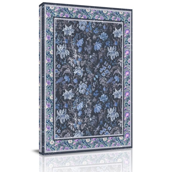 Flowers Canvas Wall Art for Living Room, Ethnic Abstract Blue Purple Floral Retro Leaf Border Wall Decor Framed Artwork Pictures Ready to Hang for Bedroom Office Home Decor