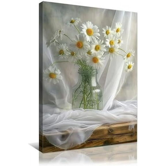 Flowers Canvas Wall Art Modern Gallery Decor Print Elegant White Daisy in Bottle Theme Paintings Chic Artwork Ready to Hang for Kitchen and Bedroom Decor 12x16in