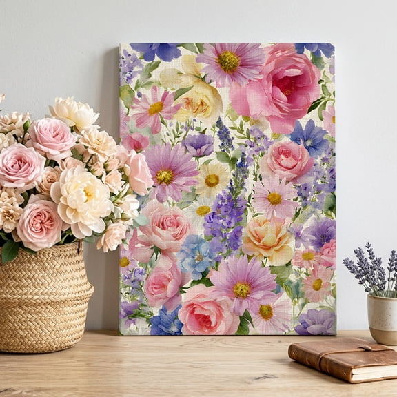 Flowers Canvas Wall Art, Spring Watercolor Colored Floral Linen Texture Pictures Wall Decor Wooden Framed Artwork Art Prints for Living Room Hallway Bedroom Office 20"x24"