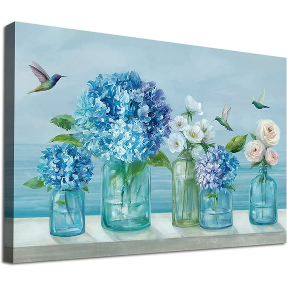 Flowers Canvas Wall Art White Floral Canvas Pictures Rose Hydrangea in Jar Wall Decor Bird Print Blue Painting Contemporary Artwork Living Room Bedroom Kitchen Home Decor 12"x 16"