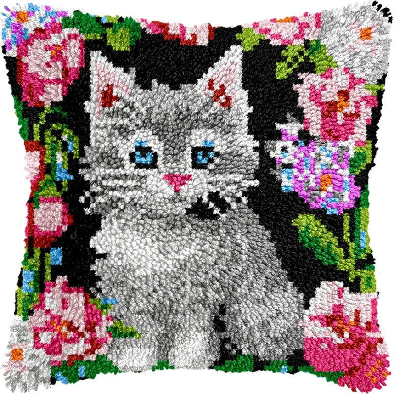 Flowers Cat Latch Hook Pillow Kits Cushion Pillowcase with Pattern Printed Canvas Sofa Hooking Pillows Crafts Embroidery Latch Hooking Crochet Kits 17x17 inch(202)