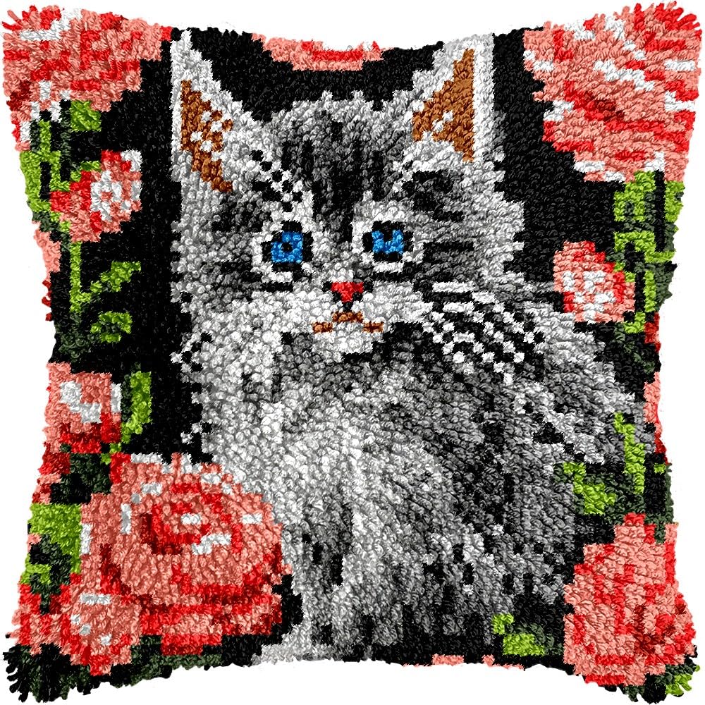 Flowers & Cat Latch Hook Pillow Kits for DIY Throw Pillow Cushion Embroidery Latch Hooking Pillowcase Kits with Preprinted Canvas Crochet Yarn Kits for Home Decor 17''X 17''(d82)