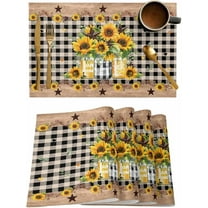 Flowers Check Placemats Set of 6, Sunflower Stars Vintage Black and White Buffalo Plaid Cotton Linen Table Mats Non-Slip Washable Print Placemat for Holiday Banquet Dining Kitchen Table Decor