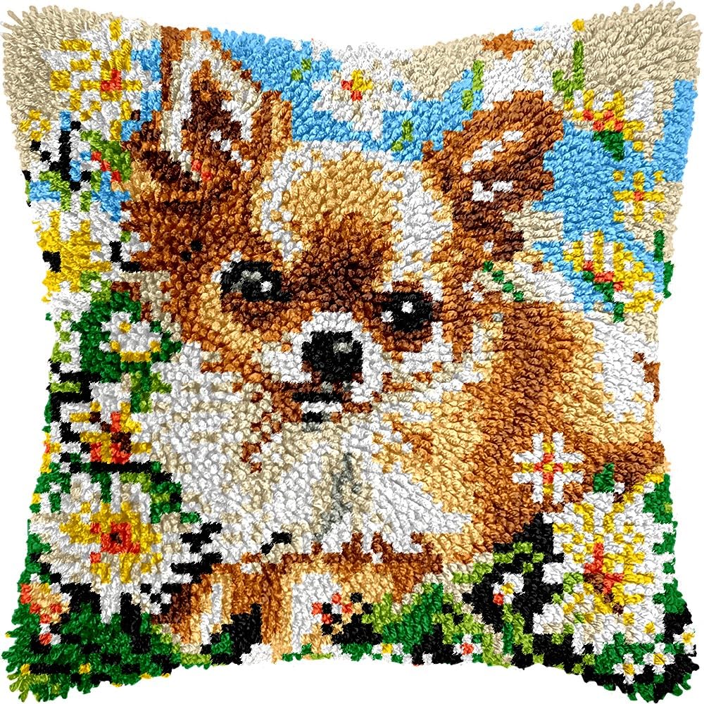 Flowers Chihuahua Latch Hook Pillow Kits for DIY Handmade Throw Pillow Cushion Embroidery Latch Hooking Pillowcase Kits with Preprinted Canvas Crochet Yarn Kits 17''X 17''(g290)
