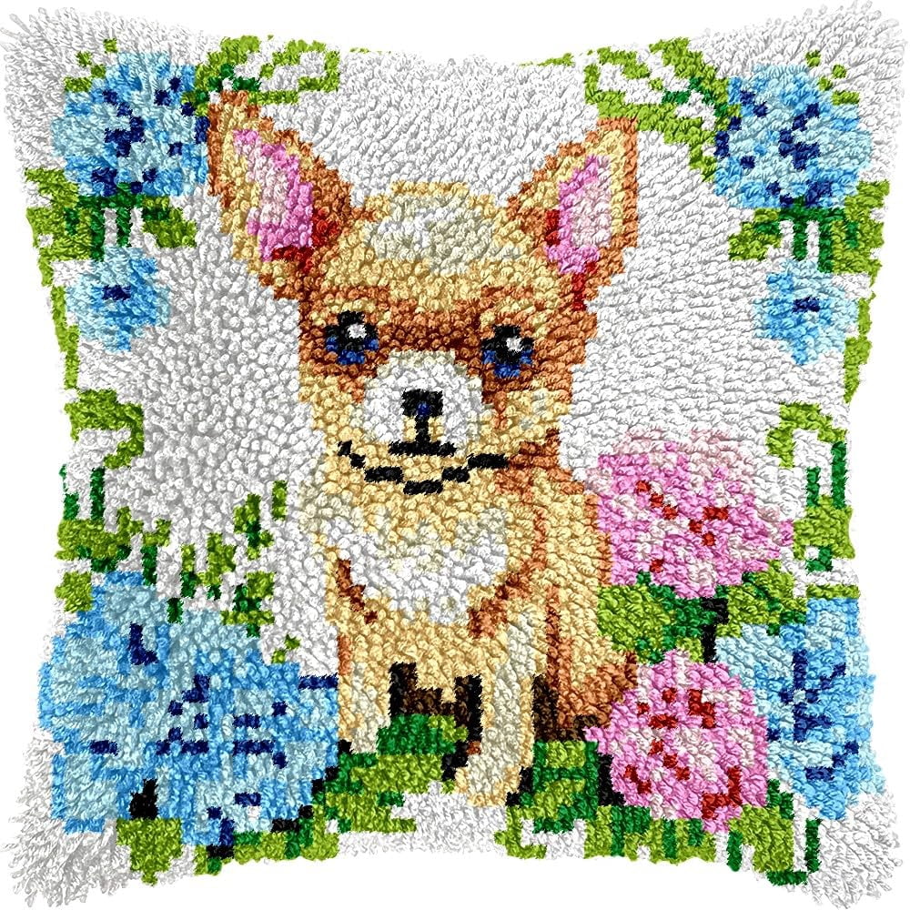 Flowers Chihuahua Latch Hook Pillow Kits for DIY Throw Pillow Cushion Embroidery Latch Hooking Pillowcase Kits with Preprinted Canvas Crochet Yarn Kits for Home Decor 17''X 17''(j66)