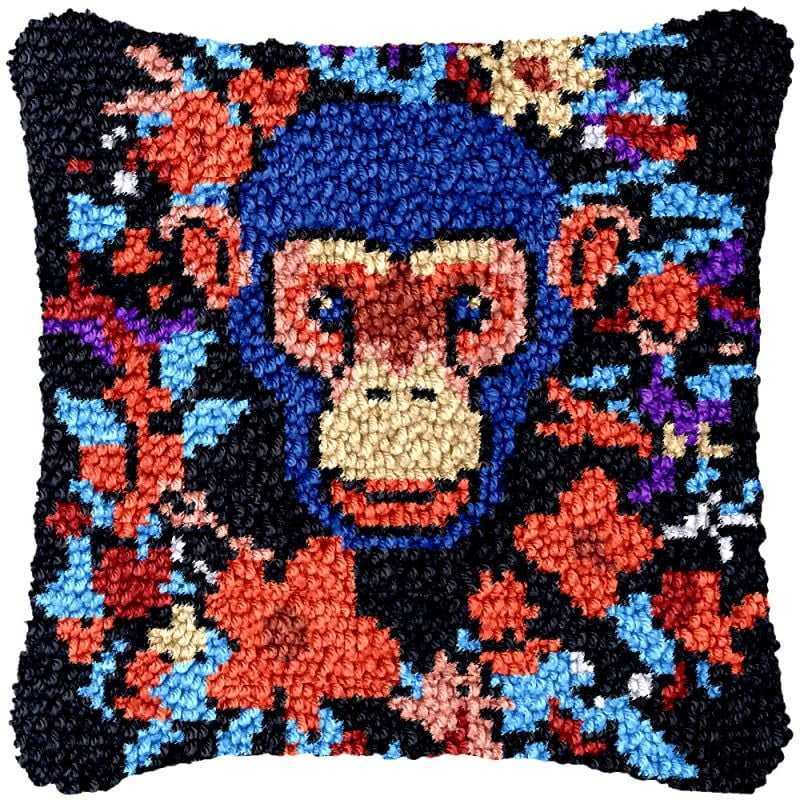 Flowers Chimpanzee Latch Hook Pillow Cover Kits for DIY Handmade Throw Pillow Cross Stitch Latch Hook Pillowcase Rug Kits with Preprinted Color Pattern Canvas Crochet Yarn Kits 17''X 17''(ys36)
