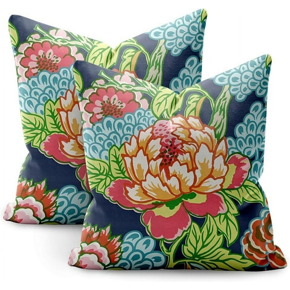 Flowers Chinoiserie Pillow Covers 18x18 Set of 2,Peony Pillow Covers Outdoor Decorative Linen Pillow Covers for Couch Bed Sofa Cushion Farmhouse Pillowcases