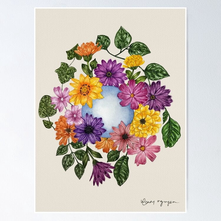 Flowers Circle Beige Art Print UNFRAMED Poster, 8x12 - Walmart.com