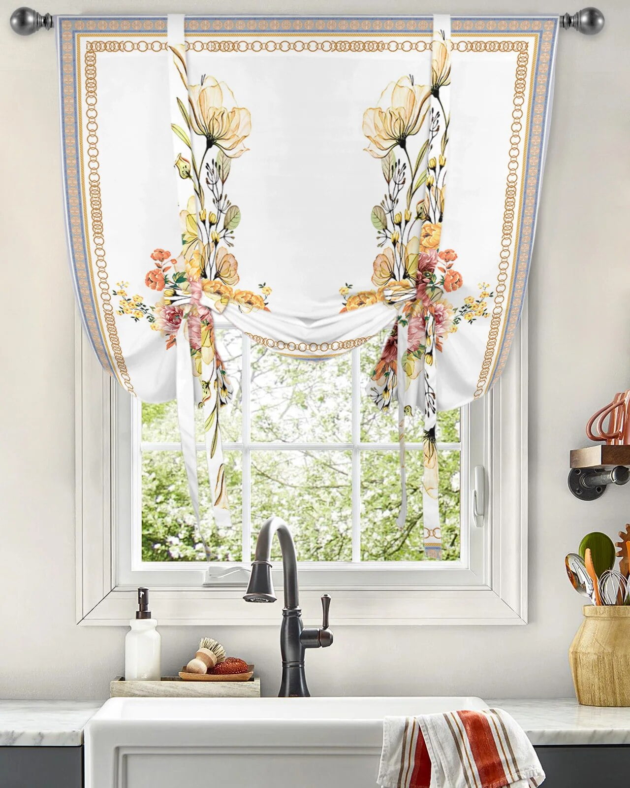 Stencil Flower Border Window Curtains (1 Piece)