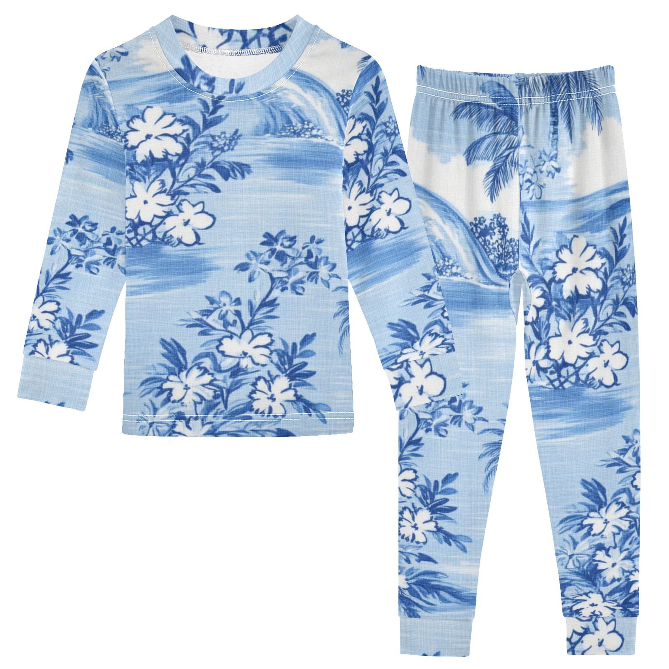 Flowers Coconut Trees Waves Hawaii Cotton Pajama Set Long Sleeve Top ...