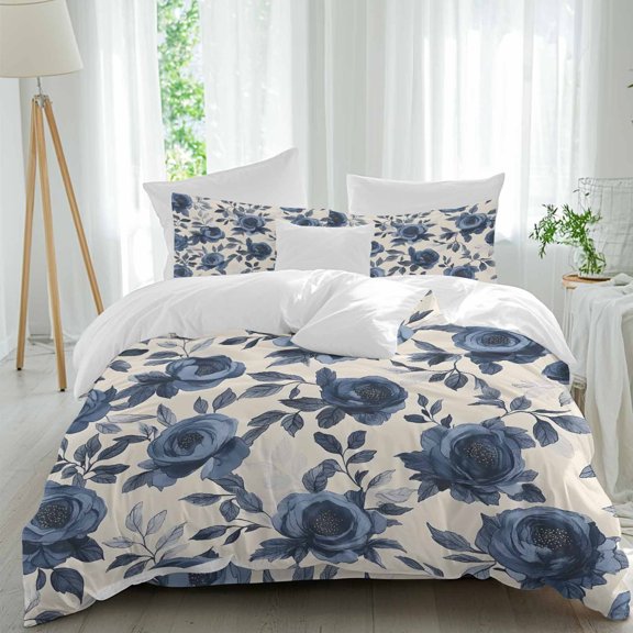 Flowers Comforter Set Twin Size, Vintage Blue Roses Leaves Watercolor Nostalgia Beige Bottom Soft Bedding Set for Man Woman, 4 Pieces Duvet Cover Set with Fitted Sheet, 2 Pillowcases