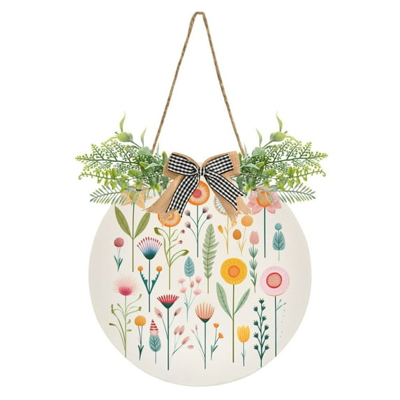 Flowers Composed Of Simple Lines Front Door Porch Decoration Hanging Sign with Artificial Green Plants and Bow for Home Outdoor Indoor