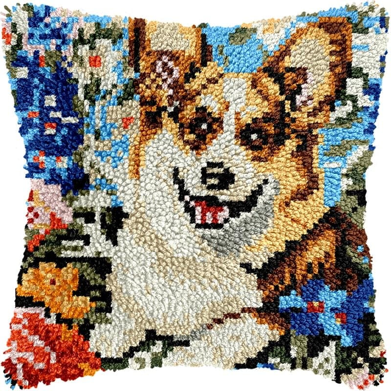 Flowers Corgi Latch Hook Pillow Kits Pillow Cover Pattern Printed Canvas Crochet Cross Stich Hooking Pillowcase Cushion Crafts Embroidery Latch Hooking Crochet Kits Set 17x17 inch(114)