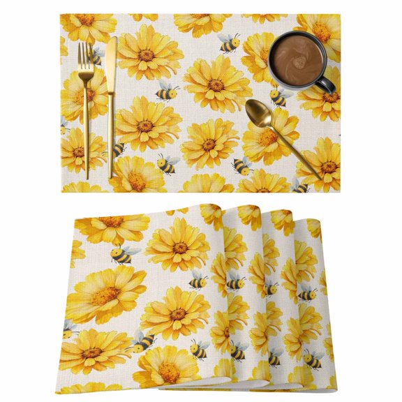 Flowers Cotton Linen Placemats Set of 1, Spring Gold Daisy Floral Bee Linen Texture Washable Table Place Mats Heat Insulating Placemat for Dining Room Kitchen Daily Use 13 x 19 Inch
