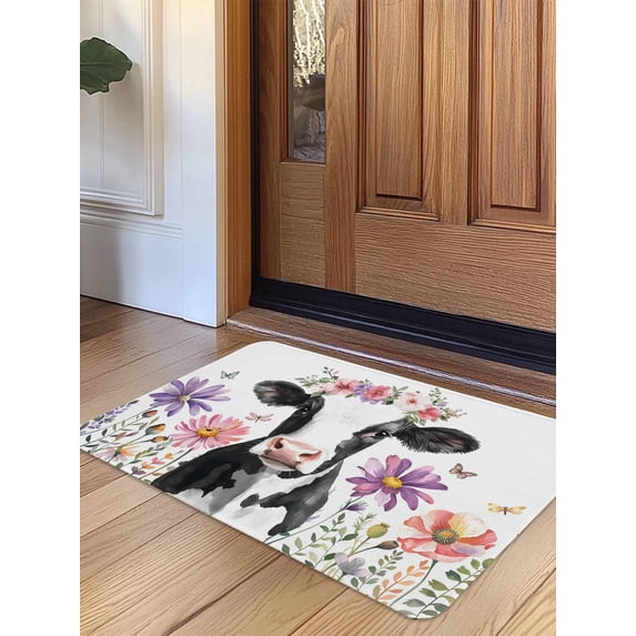 Flowers Cow Door Mat Indoor Outdoor Entrance, Non Slip Rug for Kitchen Bathroom Entryway Rug, Spring Botanical Floral Plants Butterfly Washable Doormat Floor Mat for Office 20x31.5 Inch