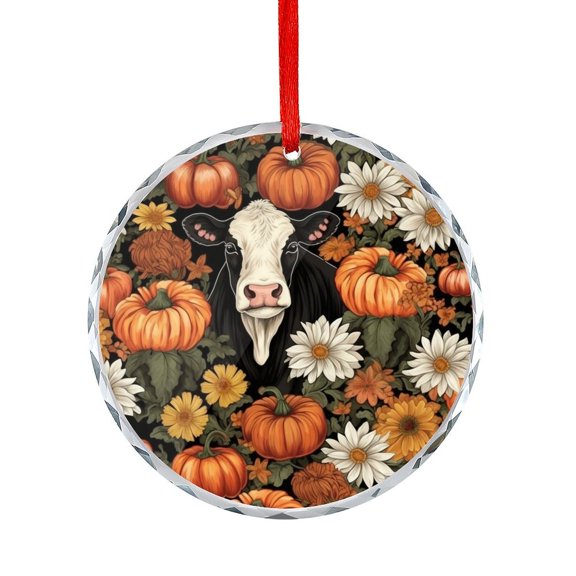 Flowers Cow Fall Pumpkins Crystal Glass Christmas Ornament Gift Exchange Present Ideas Welcome Halloween Thanksgiving Round Christmas Ornament