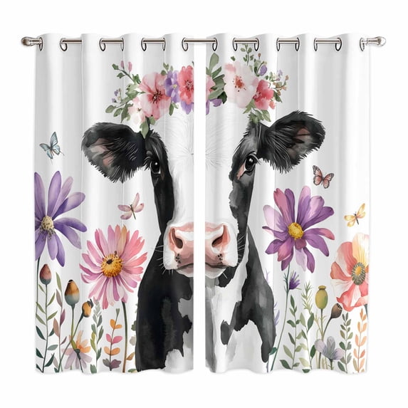 Flowers Cow Kitchen Curtains 84 Inch Length, Spring Botanical Floral Plants Butterfly Grommet Top Bedroom Living Room Curtains, Light Filtering Cafe Curtain Drapes 2 Panels Set 104''x84''