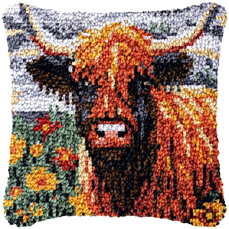 Flowers Cow Latch Hook Pillow Cover Kits for DIY Handmade Throw Pillow Cross Stitch Latch Hook Pillowcase Rug Kits with Preprinted Color Pattern Canvas Crochet Yarn Kits 17''X 17''(fv114)