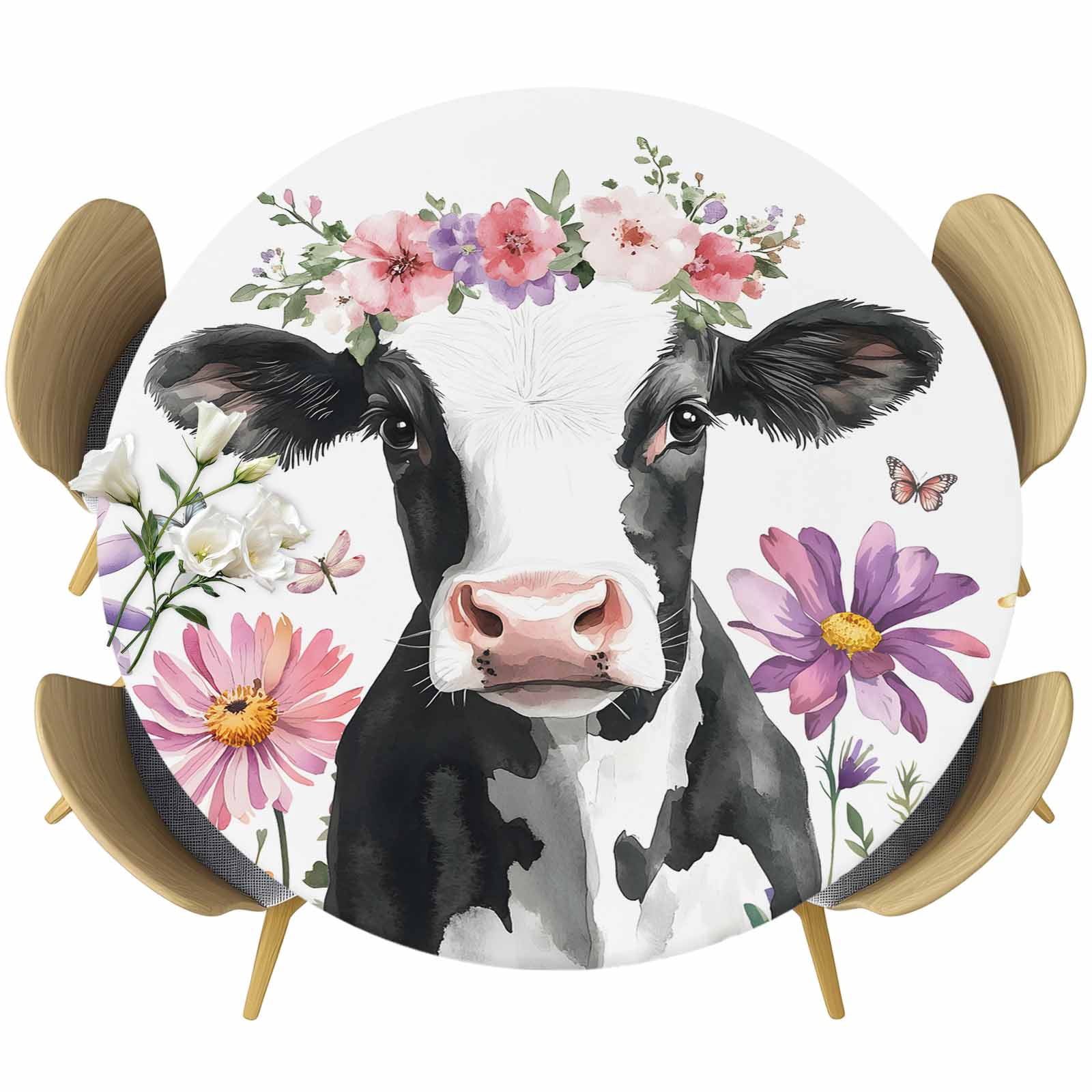 Flowers Cow Round Tablecloth 45-54 Inch Round Fitted Table Cloth with ...