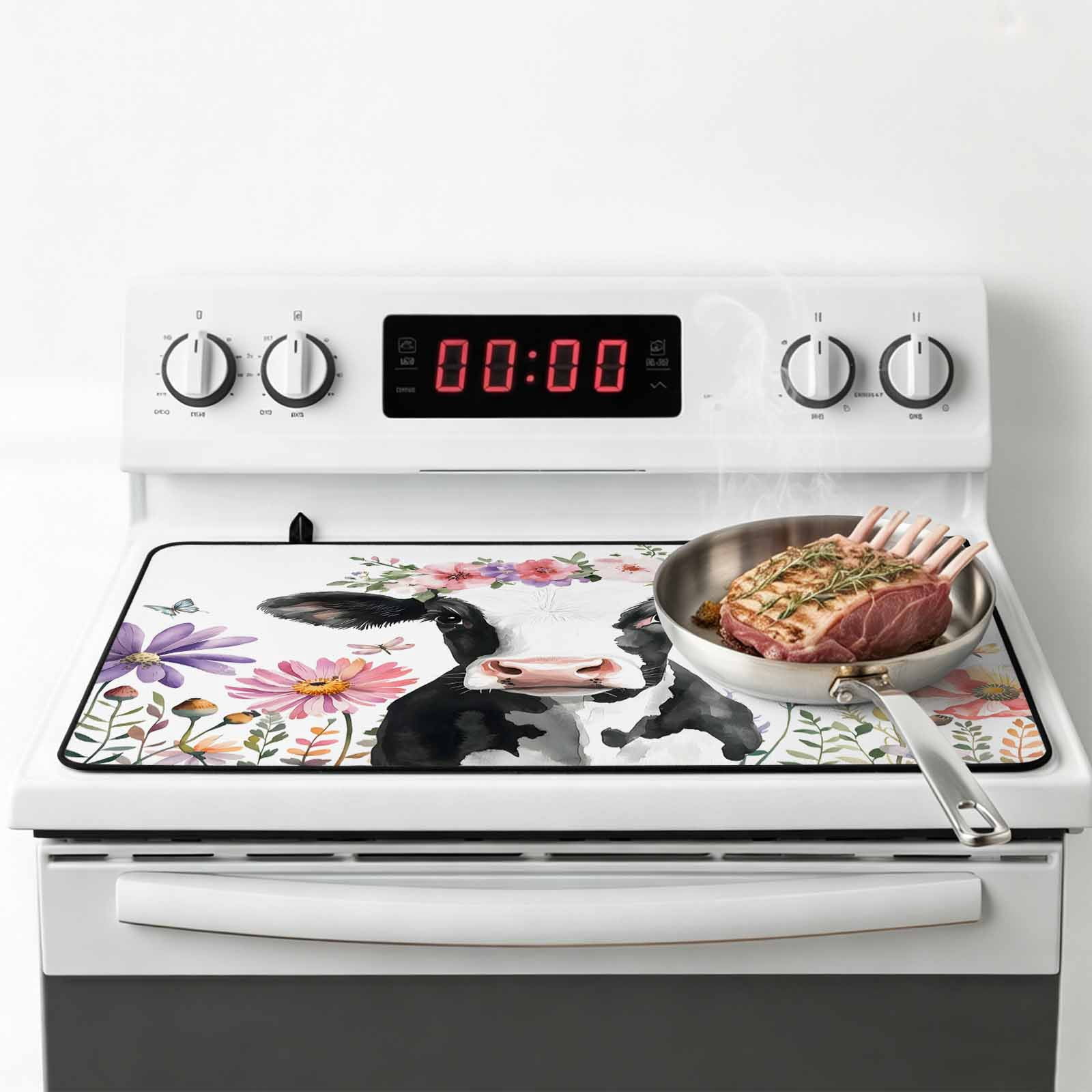 Flowers Cow Stove Top Cover for Electric Stove, Heat-proof & Non Slip Glass Top Stove Cover Protector, Spring Botanical Floral Plants Butterfly Kitchen Flat Cooktop Rubber Mat 24x21 Inches