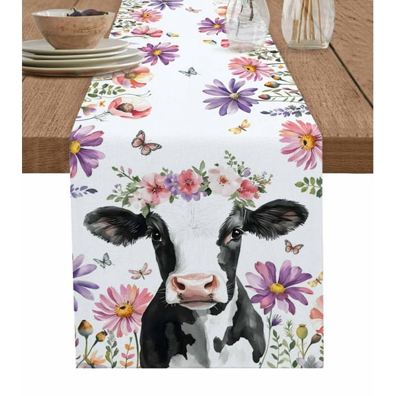 Flowers Cow Table Runner Cotton Linen 36 Inch Holiday Dresser Scarves, Spring Botanical Floral Plants Butterfly Tablerunner for Kitchen Coffee Dining Bedroom Living Room Dinner Scarf Décor 13''x36''