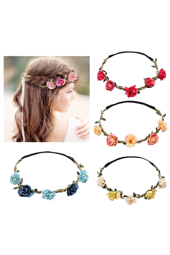 Flowers Crown BWASD Boho Floral Garland Headband Wreath Spring Summer Rose Headpieces Headband Tiaras for Travel,Vacation,Brides,Bridesmaids,Weddings Blue