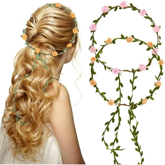 Flowers Crown Floral Garland 2 Colors Orange Pink Headband Headpiece Boho Rose Flower Wreath Headdress Travel Party Wedding Festivals for Bridal Women Headwear Hair Accessories Decoration
