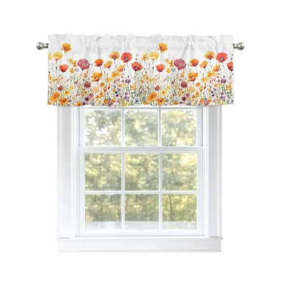 Flowers Curtain Valances for Windows, Vintage Orange Yellow Wildflower Garden Floral Kitchen Valance Window Treatment, Light Filtering Block Curtains for Bathroom/Bedroom/Living Room 42'' x 18''