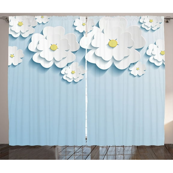 Ambesonne Flowers Curtains 2 Panel Set, Abstract Cherry Blossom, 108" x 96", Pale Blue and White
