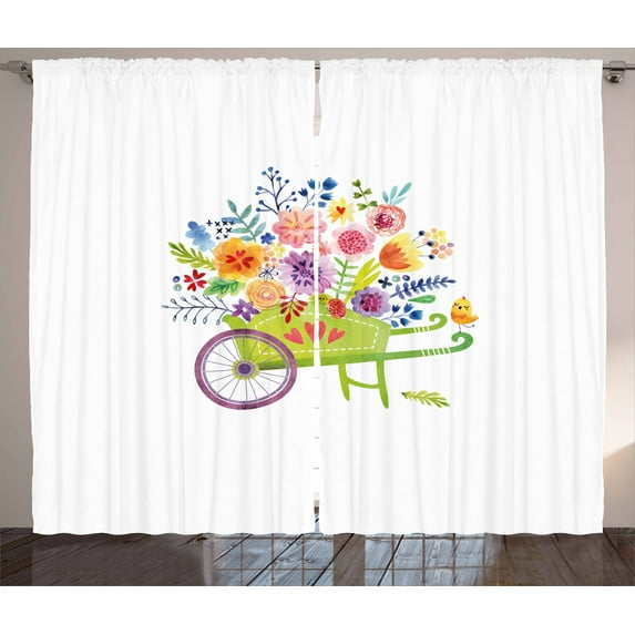 Ambesonne Flowers Curtains 2 Panel Set, Wheelbarrow Flowers, 108" x 96", Multicolor