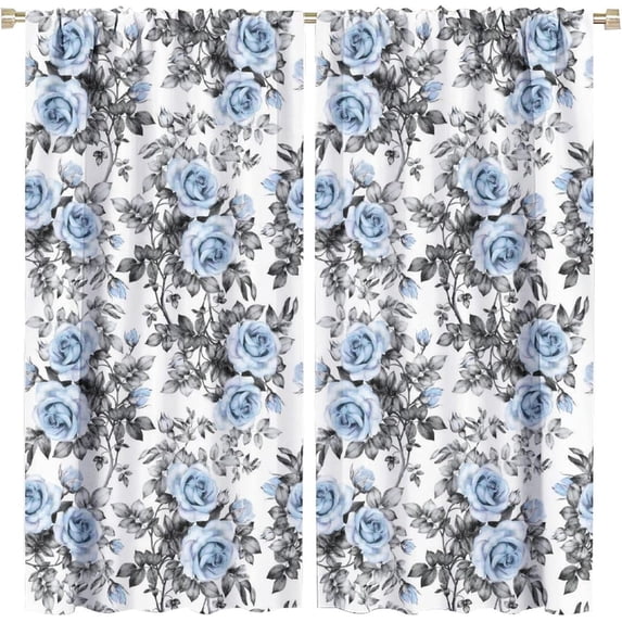 Flowers Curtains Blue Rose Floral Gray Leaves Natural Plants Modern Aesthetic Bedroom Living Room Bathroom Blackout Rod Pocket Decoration Window Drapes 2 Panels W42xL84in