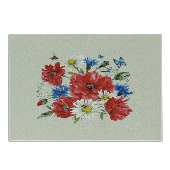 Flowers Cutting Board, Vintage Watercolor Bouquet of Wildflowers Poppies Daisies Cornflowers Butterflies, Decorative Tempered Glass Cutting and Serving Board, Small Size, Multicolor, by Ambesonne
