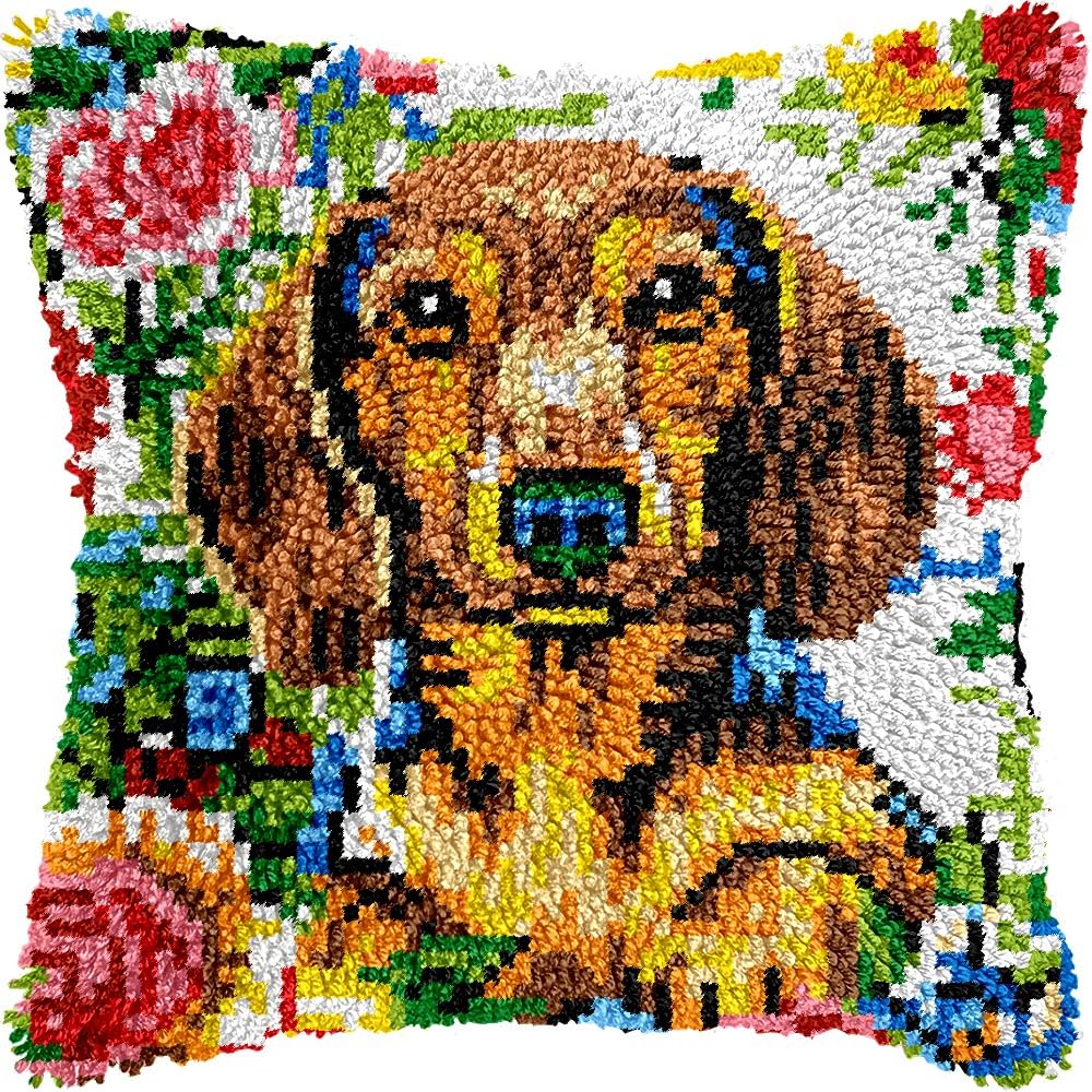 Flowers Dachshund Latch Hook Pillow Kits for DIY Throw Pillow Cushion Embroidery Latch Hooking Pillowcase Kits with Preprinted Canvas Crochet Yarn Kits for Home Decor 17''X 17''(d300)