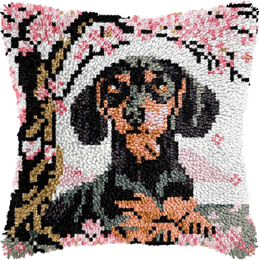 Flowers Dachshund Latch Hook Pillow Kits for DIY Throw Pillow Cushion Embroidery Latch Hooking Pillowcase Kits with Preprinted Canvas Crochet Yarn Kits for Home Decor 17''X 17''(d211)