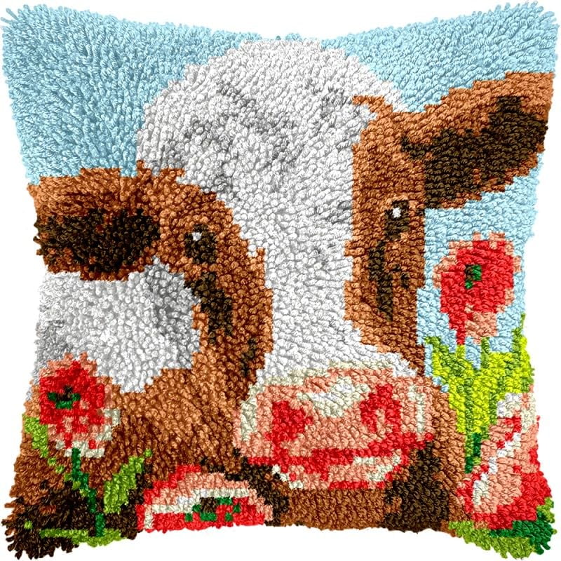 Flowers Dairy Cow Latch Hook Pillows Kits Cushion Pillow Cover with Pattern Printed Canvas Sofa Hooking Pillowcase Crafts Embroidery Latch Hooking Crochet Kits Set 17x17 inch(1)