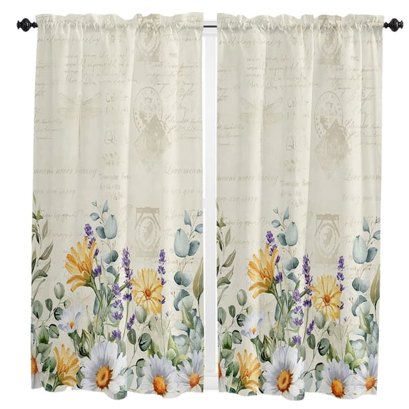 Flowers Daisies Clover Eucalyptus Plants Rod Pocket Short Curtain Half-Curtain For Home Kitchen Door Drape Cafe Small Window